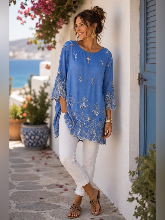 Liv Los Angeles Tops - LIV Los Angeles Blue Embroidered Tunic Top M Boho Coastal Crochet Lace Rayon